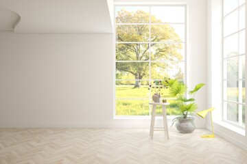 White empty room with summer landscape in window. Scandinavian interior design. 3D illustration