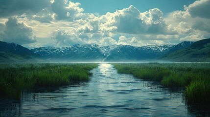   Water enclosed by green vegetation and distant mountains with scattered cloud cover