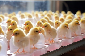 Newborn chickens sit in an incubator, technology for raising poultry
