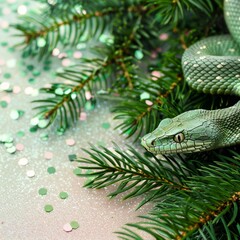 Fototapeta premium Christmas fir branches and a green snake.