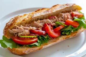 Homemade tuna sandwich on white baguette with vegetables on a plate