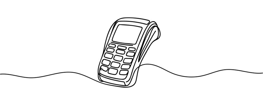 recommend clip art: Contactless bank card, credit card in payment terminal, credit card machine, one line art