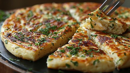   Close-up of a pizza on a plate with forks in each half