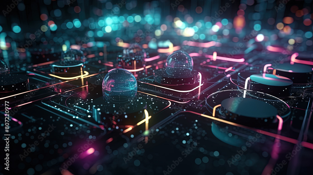 Poster Technology abstract background with hud styled round interface elements in neon tech light.