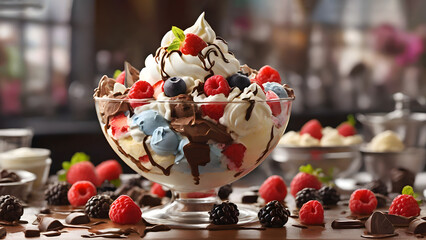 Close up, ball-shaped ice cream mixed with fruits, nestled in a glass dessert cup, placed on a table, surrounded by fruits, ideal for dessert content. - Powered by Adobe
