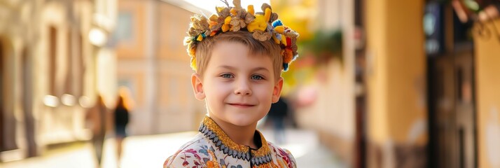 A smiling child dressed in colorful traditional Ukrainian clothing stands in a historical street