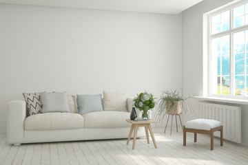 White living room with sofa. Scandinavian interior design. 3D illustration