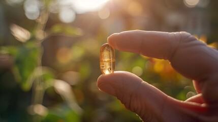 Detailed view of a vegetable capsule held delicately by human fingers, showcasing its eco-friendly material