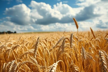 An endless field of ripe wheat in the rays of the sun, agricultural business concept  
