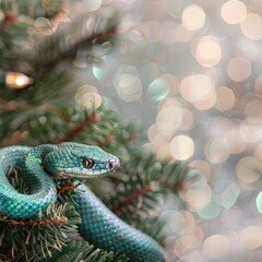 Fototapeta premium Christmas fir branches and a green snake.