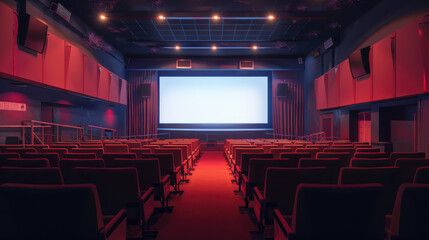 Naklejka premium a theater with a big screen and rows of red chairs, cinema hall without people