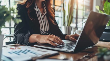 A businesswomen typing from a laptop keyboard, women searching online