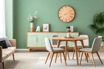 Modern living room, Scandinavian Living Room with pastel color wall, Chairs, Wooden Table