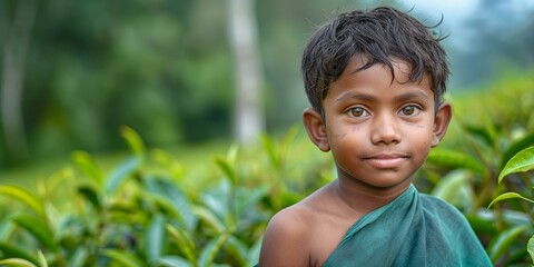A winsome young boy with captivating eyes stands outdoors, surrounded by green foliage