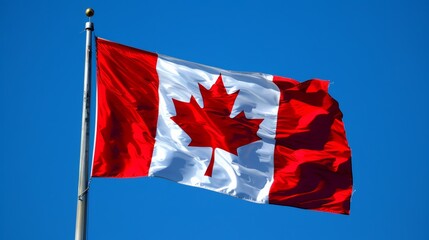 Canadian flag waving against a clear blue sky. National symbol and pride concept.