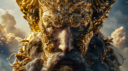 Golden Masked Warrior in Ethereal Clouds