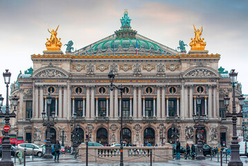 PARIS  - MAY 06: Facade of Palais Garnier or Opera Garnier during spring rainy day in Paris on May...