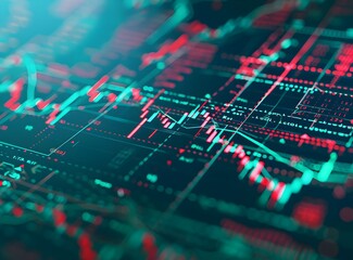 modern stock market chart, red and green candlestick charts with trading lines on the screen, blue background, close up shot, flat lay