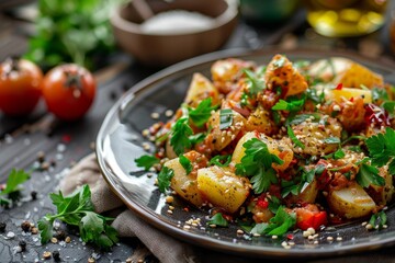 Moroccan potato salad on plate on table close up