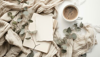 Moody breakfast setting stationary items Coffee cup on white table background with blank greeting card invitation mockup eucalyptus branches diary and linen bl - Powered by Adobe