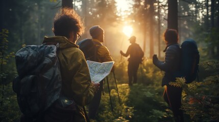 early morning hike in a lush forest, a group of friends using a map and compass to navigate