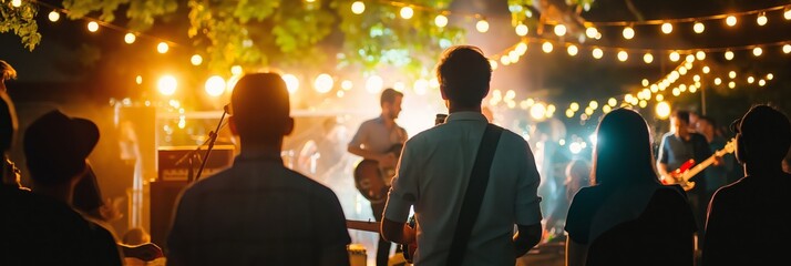 An engaged audience watches a band perform live under strings of lights at an atmospheric outdoor music event