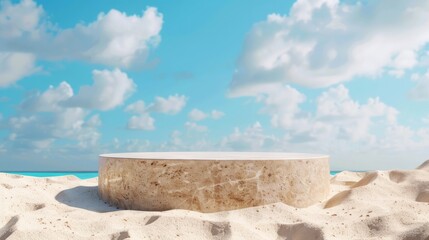 A beige stone textured podium in round-shaped displayed on the sand. Blue sky background hyper...