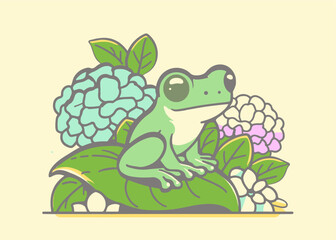 Obraz premium 紫陽花の庭園の中で雨を待つかわいいアマガエルのイラスト