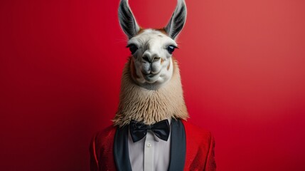 Obraz premium Fashion-forward llama wearing a chic tuxedo, standing confidently at a red carpet event