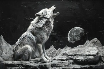 Black and white image of a wolf howling in front of a moon