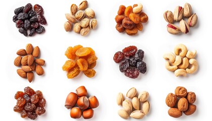Isolated white background with nuts and dried fruits