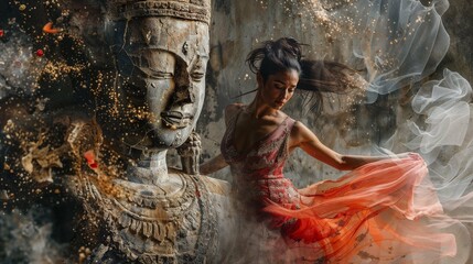 AI generated illustration of a woman in red dress dancing against the Buddha statue