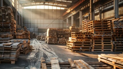 Naklejka premium Interior of a warehouse with stacks of wood lit by natural light.