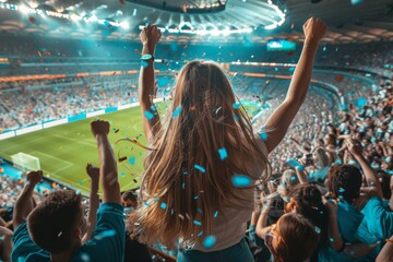 A woman is standing in a stadium with her hands raised in the air