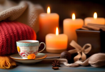 A cozy living room with a knitted sweater, cup of tea, and candles