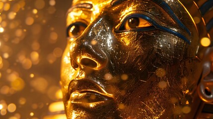 Golden mask of Tutankhamun, intricately detailed, under the soft light of a museum display