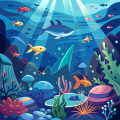 background with fishes, Underwater scenes with shimmering light rays and marine life for conservation or educational purposes.