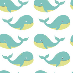 Seamless pattern with cute cartoon whales. Vector. 
