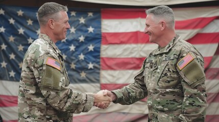 American soldiers handshake in desert setting, USA flag backdrop