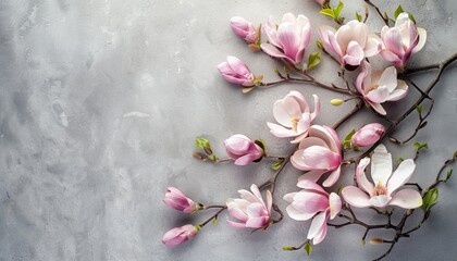 Magnolia flowers on gray background flat lay top view copy space