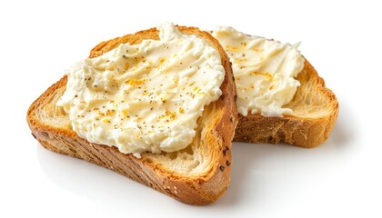 Melted cheese on toast with cream cheese isolated on white background viewed from top