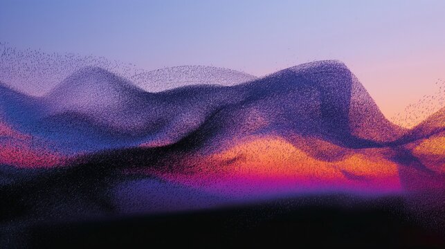 AI generated illustration of a flock of birds in the sky at sunset