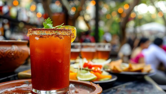 Mexican party terrace in Mexico City with michelada cocktail