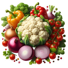 Colorful Cauliflower Creation: Cauliflower, Bell Pepper, Red Onion, Tomato, Garlic, and White Onion Ensemble