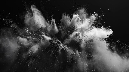 A dramatic release of black and white powder, swirling together in a monochromatic dance against a dark background, showcasing the beauty of contrast and the interplay of light and shadow.