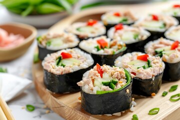 Mixed tuna crab pork and vegetables in a noodle tube on a white cutting board