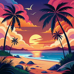 Saturated sunset beach scenes with palm trees for travel, leisure, or hospitality marketing.