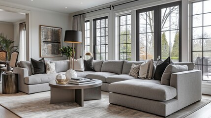 A living room with a large sectional couch and a coffee table