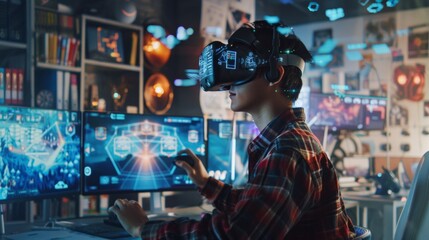 A scene depicting a male game developer, Asian descent, in his late 20s, using a VR headset in a creative office environment. The office is filled with dual monitors, gaming paraphernalia 1 8