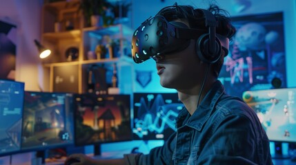 Obraz premium A scene depicting a male game developer, Asian descent, in his late 20s, using a VR headset in a creative office environment. The office is filled with dual monitors, gaming paraphernalia 1 5